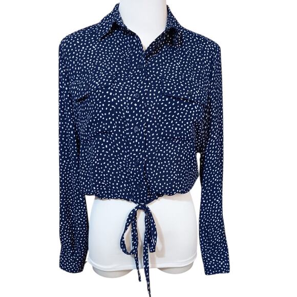 EXPRESS Cute Tie Top Blouse XS Front Pockets Blousy Fit Navy Blue Career Casual - Picture 6 of 8